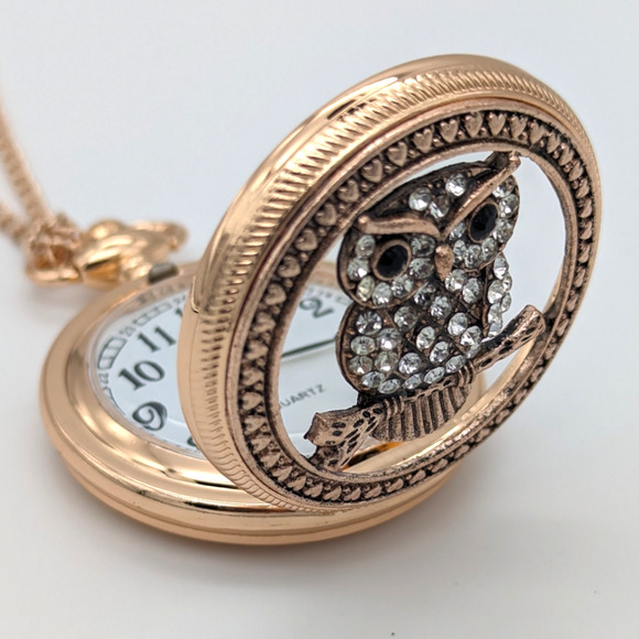 Owl Crystal NEW Pocket Watch Rose Gold Copper Jewel Encrusted Gift Owls Bird - Picture 5 of 6